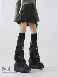 polve 1 Pair Y2K Subculture Style Black Leather Patchwork Ribbed Leg Warmers With 3D Pockets, Slimming Leg Covers - Black Rivets - View 2