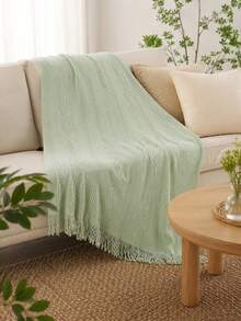 Manta de punto acogedora con detalle de volantes para todas las estaciones, multiusos y cómoda para camping, sofá, tomar el sol y siestas, manta de punto con ribete de volantes, manta de camping - Rayas verticales tres curvas verde menta - Ver 3