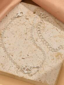 1pc Summer Minimalist Cat & Dog Paw Print Heart Ankle Chain, Hollow Heart Design, Gift For Kids - Silver - View 2