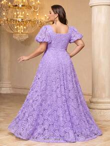 Vestido formal elegante de cuello cuadrado, mangas de farol, falda completa, color púrpura pálido favorecedor para la piel, con bordado pesado - Púrpura malva - Ver 2