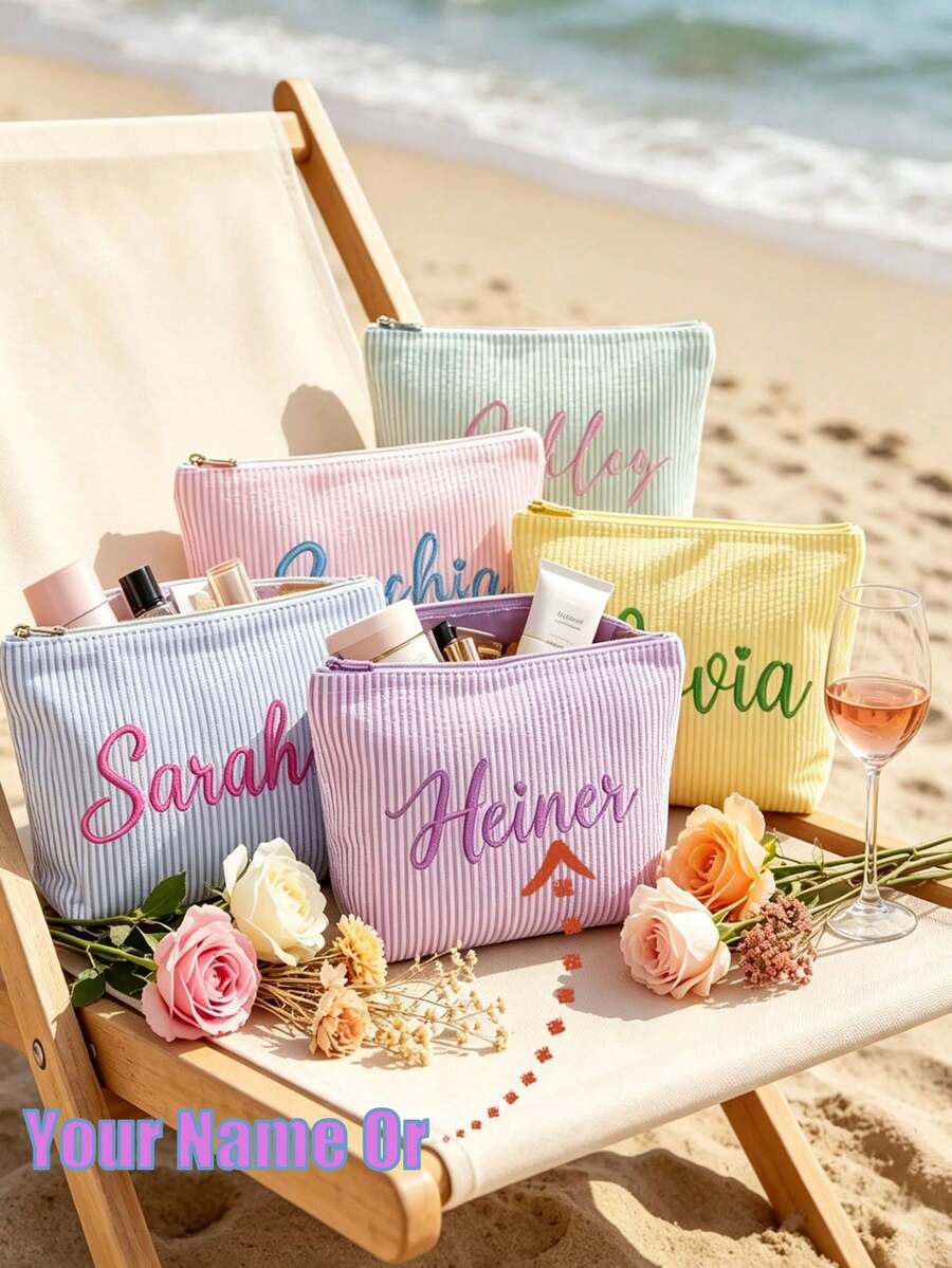 1pc Customized Personalized Embroidered Name Letter Makeup Bag, Suitable For Home Storage And Travel Use. Perfect For Cruise Trips, Dorm Life, Suitcase Organization And More. Ideal Gift Choice, Can Be Used As Bridesmaid Return Gift, Mother's Day Gift, Birthday Gift, Suitable For Mom, Friends And Teachers, Practical And Versatile, Essential Item For Daily And Holiday Occasions. - Multicolor - View 1