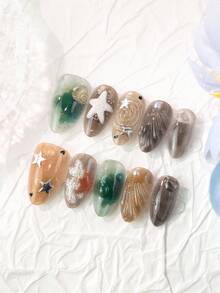 10片短款杏仁形手工穿戴甲，海洋沙灘主題假指甲，3D海星貝殼魚與珍珠鑲嵌漸層亮粉全包覆可重複使用指尖貼片，適合夏季日常配戴 - 彩色 - 查看 1