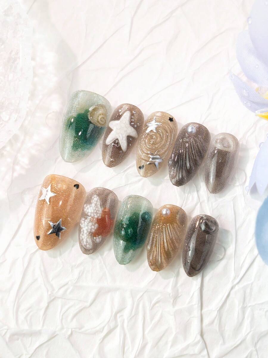 10片短款杏仁形手工穿戴甲,海洋沙灘主題假指甲,3D海星貝殼魚與珍珠鑲嵌漸層亮粉全包覆可重複使用指尖貼片,適合夏季日常配戴 - 彩色 - 查看 1