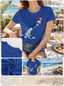Ladies Summer Top World Cup Maple Legion Printed Round Neck Short Sleeve T-Shirt, Fan Gifts, Vacation, Fitness, Outdoor Activities - Blue - View 6