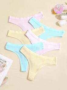 6 قطع/مجموعة سراويل داخلية مضلعة مريحة بتصميم ثونغ G-String T-Back بدون خياطة، سراويل داخلية نسائية مثلثة مثيرة ومريحة - متعدد الألوان - مشاهدة 3