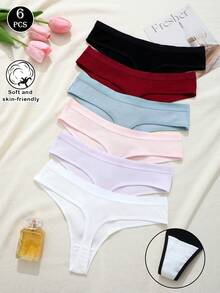 6pcs/Set Ribbed Comfortable G-String T-Back Thong Seamless Panties, Sexy Comfortable Triangle Underwear - Multicolor - View 9