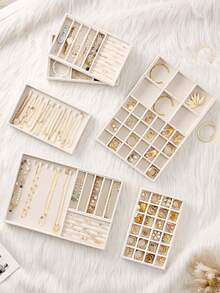 4pcs Velvet Jewelry Storage Tray, Stackable Multi-Compartment Jewelry Organizer, Large-Capacity Earrings, Necklaces, Rings, Bracelets, Watches, And Fashion Glasses Storage Box, Vanity Drawer Inset Display Box - Multicolor - View 6