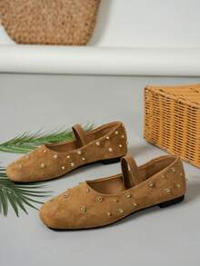 Giày bệt mũi vuông đính đinh tán tròn phong cách vintage, thoải mái và dễ phối đồ, phù hợp đi làm hàng ngày và đi du lịch - Màu nâu  Mocha - Xem 3