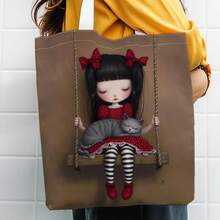 1pc Gothic Cute Doll Tote Bag, Swing Dark Art Reusable Shopping Bag, Multifunctional Personalized Print Handbag, Casual Design, Suitable For Book Lovers, Perfect Gift For Friends, Birthday, New Year, Christmas,Room Decor,Travel Essential - Multicolor - View 5