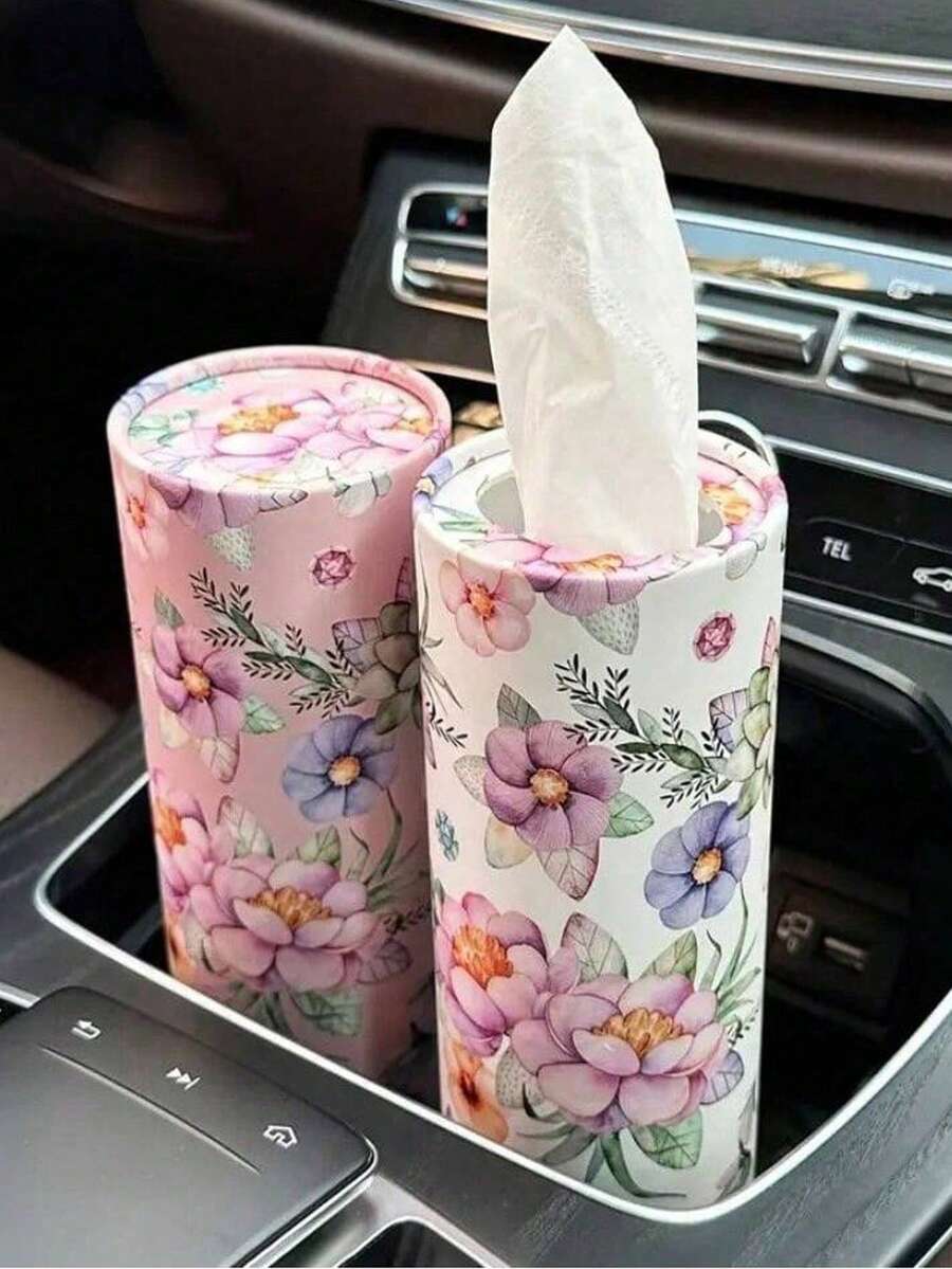 印花汽車紙巾盒，含50張紙巾 - 適用於杯架，花卉圓柱形汽車紙巾盒，派對印花紙巾盒，節日餐具，可更換紙巾架，也適合作為居家桌面收納盒，方便取用，車主完美禮物