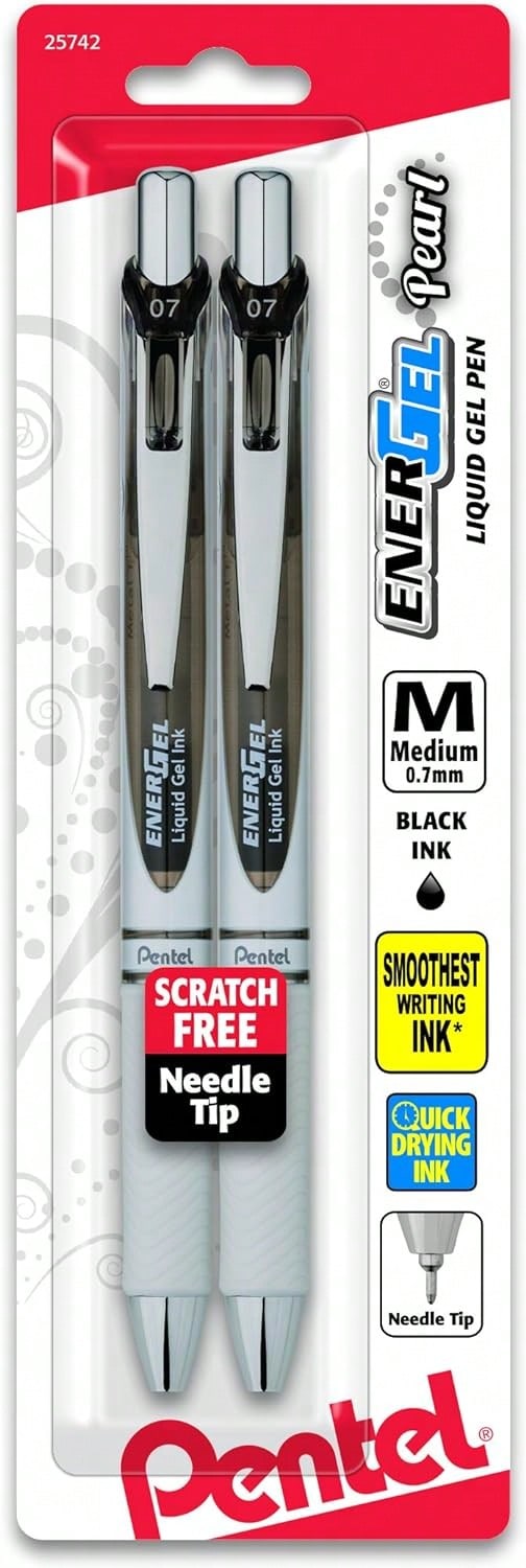 Pentel EnerGel Pearl RTX Retractable Liquid Gel Pen, (0.7mm), Medium Line, Needle Tip, Black Ink, Pack Of 2 (BLN77WBP2A)