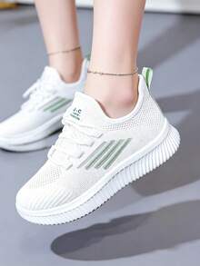 Spring/Summer Striped Breathable Mesh Women's Sports Shoes, Lightweight Soft-Sole White Sneakers, Versatile Casual Running Shoes For Daily Commute - Green - View 10