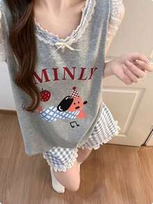 2件組女款睡衣家居服套裝，可愛小狗印花時尚無袖套頭上衣搭配格紋印花短褲，適合春夏，居家穿著舒適 - 灰色 - 查看 5