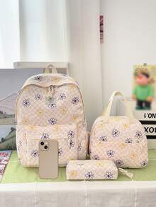 1 Set Back To School Backpack Set - Checkerboard/Floral Print Large Capacity Backpack + Lunch Bag + Pencil Case Multi-Piece Set, With Laptop Compartment School Bag, Durable Nylon Backpack, Adjustable Shoulder Straps Backpack - Lightweight Portable Zipper Bag, Suitable For Students/Teenagers/Graduates, Perfect For Outdoor/Travel/Middle School/High School/College, College Essential Backpack - Yellow - View 3