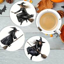 6 piezas de posavasos de PET, elementos de Halloween, diseño vintage de bruja montada en escoba dibujado a mano, posavasos resistentes al calor, lavables, económicos, adecuados para decoración de eventos y fiestas, centro de mesa, decoraciones de Halloween, Navidad y Acción de Gracias - Posavasos de PET - 1821 - Ver 9