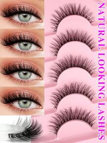 ENCHUW 5 Pairs False Eyelashes Natural Look Cat Eye Lashes With Clear Band Wispy Fake Eyelashes 3D Strip Lashes Thick Eye Lashes Fluffy Eye Lashes Multipack - Black - View 1