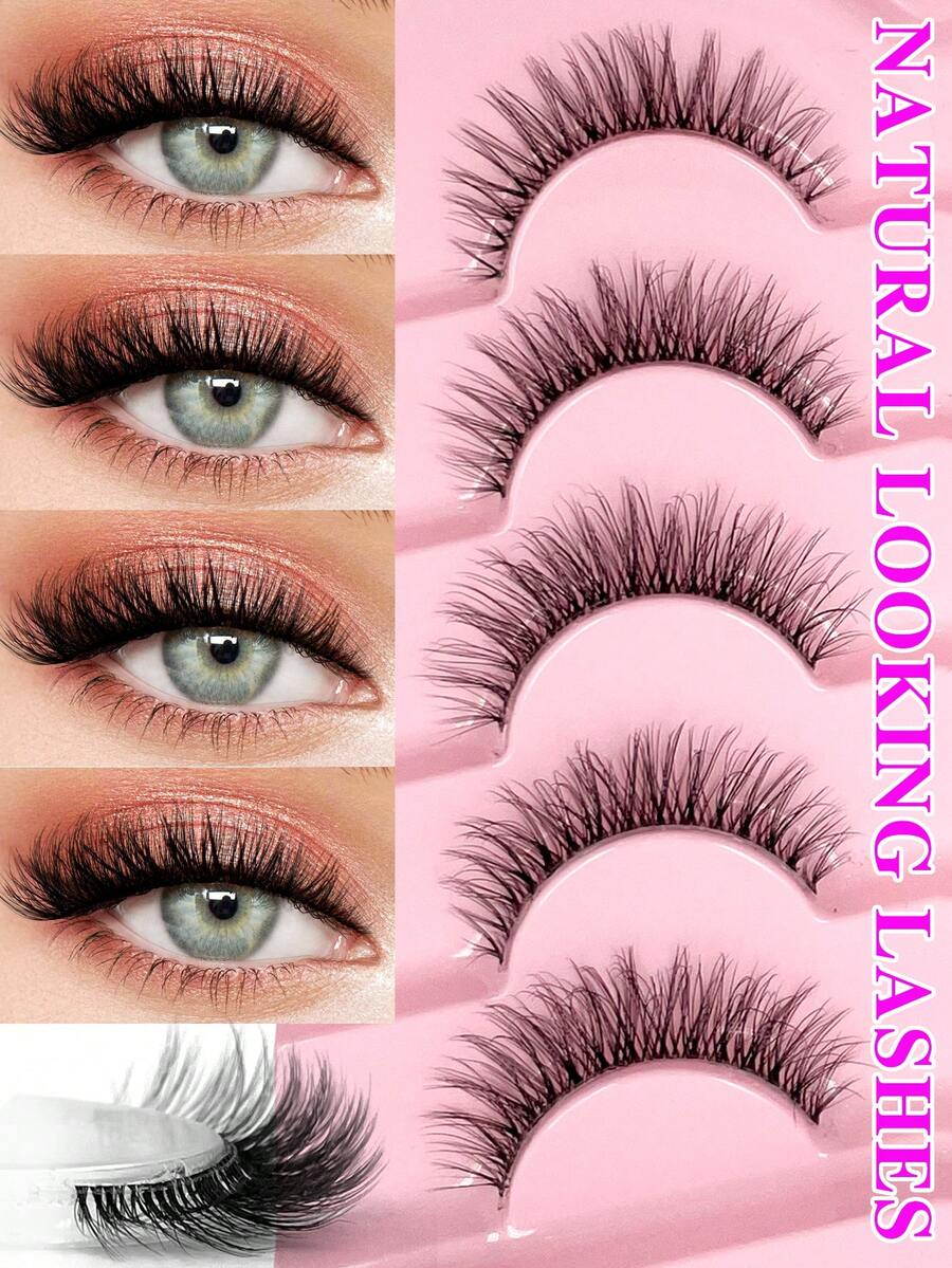 ENCHUW 5 Pairs False Eyelashes Natural Look Cat Eye Lashes With Clear Band Wispy Fake Eyelashes 3D Strip Lashes Thick Eye Lashes Fluffy Eye Lashes Multipack - Black - View 1