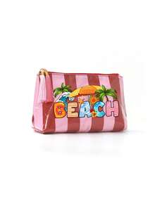夏季海灘彩色條紋PVC化妝包，彩色「BEACH」印花旅行盥洗包，防水流蘇拉鍊收納袋，多功能收納包，海灘度假與郵輪旅行必備，返校禮物，教師節禮物 - 彩色 - 查看 13