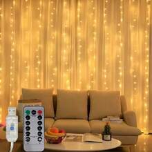1 pieza Luces de cortina LED alimentadas por USB con 8 funciones de iluminación, luces de cadena colgantes ambientales para boda, fiesta de cumpleaños, ventana, sala de estar, decoración de pared de fondo, iluminación interior para días festivos (control remoto sin batería) - Luz de cortina USB - Ver 21