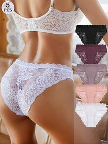 FINETOO 5pcs Lace Pattern Spliced Triangle Panties - Multicolor - View 1