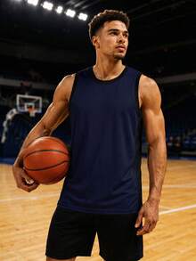 Men's Solid Color Sleeveless Fitness Tank Top, Tight Workout Top Sports - Navy Blue - View 1