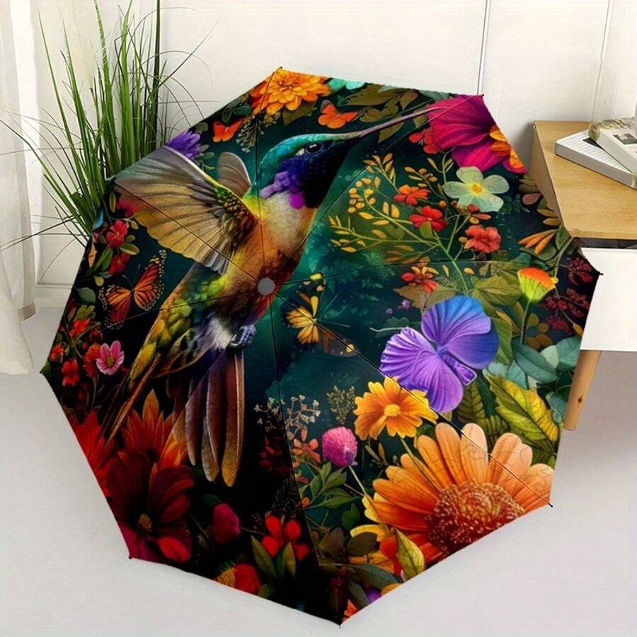 1件裝蜂鳥折疊傘－自然主題油畫風設計，含蜂鳥、蝴蝶與繽紛花卉圖案，平面印花折疊傘，耐用傘面，耐用塑膠與鐵材，輕量便攜，適合旅行通勤、休閒日常使用，通勤配件，節日禮物 - 彩色 - 查看 1
