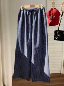 YI XUAN 2026 New Spring/Summer Fashion Women's Plaid Drawstring Waist Loose Long Pants, Suitable For Vacation Beach 2000s Style - Navy Blue - View 2