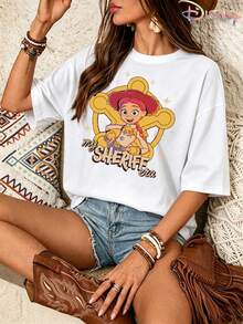 Disney Toy Story Official Version Jessie Sheriff Era T-Shirt, Cotton Women's T-Shirt, Suitable For Fashionable Casual Wear - 白色 - 查看 2