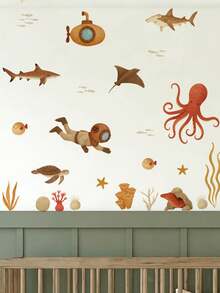 1pc Healing Ocean Style Wall Sticker Waterproof Moisture-Proof Removable Self-Adhesive PVC Sticker Bathroom Children's Room Baseboard Decoration Watercolor Underwater Coral Tropical Fish Cartoon Marine Life Wall Decal - Wall Stickers - View 10