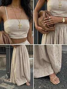 Zweiteiliges Damen-Set Aurelia mit trägerlosem Crop-Top und langem Rock, Webstoff - Beige - Übersicht 4