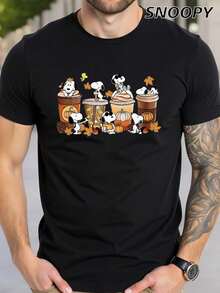Snoopy Milk Tea Pumpkin Loose Men's Summer Short Snoopy Milk Tea Pumpkin Cute Print Basic Short Sleeves - Black - View 3