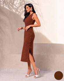 Classic Midi Sheath Dress With A Round Neck And Elegant Design Featuring A Slit And Functional Buttons. - Camel - Ver 5