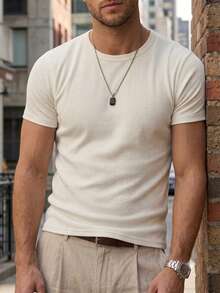 Men's Casual Slim Fit T-Shirt, Basic Dressy Style - 米白色 - 查看 4
