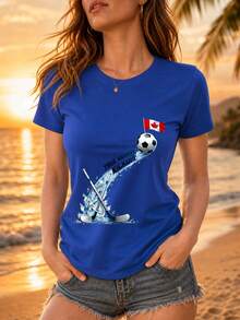 Ladies Summer Top World Cup Maple Legion Printed Round Neck Short Sleeve T-Shirt, Fan Gifts, Vacation, Fitness, Outdoor Activities - Blue - View 10