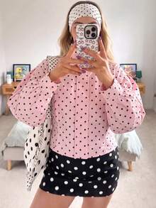 Chaqueta de primavera con cuello alto, estilo casual y retro, con estampado de lunares y bolsillos, para uso diario - marrón rosado - Ver 10