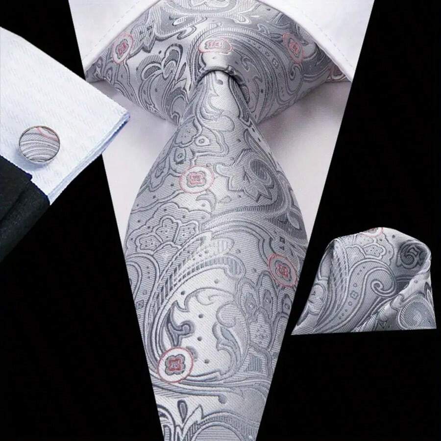 Men Tie Sets Classic Fashion Necktie Set With Cufflink For Business Party - White - View 1