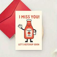 1pc Funny Ketchup "I Miss You" Card - "Let's Ketchup Soon" Punny Greeting Card With Envelope - 13x18cm - View 6