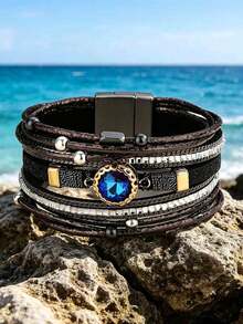 1pc Multi-Layer Leather Bracelet With Pink Crystal & Rhinestone, Magnetic Clasp, Bohemian Stackable Wrist Jewelry For Women - Khaki - View 5