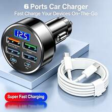 6 Port Car Charger + 6.6ft/200cm USB-C To Type-C Phone Charging Data Cable Multi Port 4USB+2PD Car Charger With Digital Display Fast Charging Transfer Charging Cable Charging Line Phone Car Charger Adapter Compatible With IPhone 17/16/15/14/13/12/11/// Series - one-size - View 1