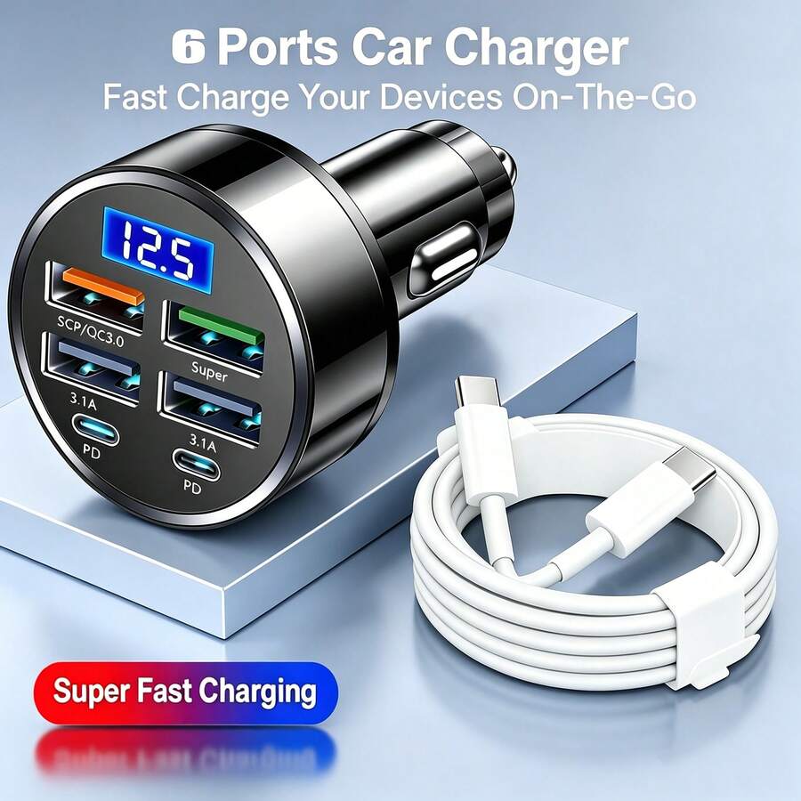 6 Port Car Charger + 6.6ft/200cm USB-C To Type-C Phone Charging Data Cable Multi Port 4USB+2PD Car Charger With Digital Display Fast Charging Transfer Charging Cable Charging Line Phone Car Charger Adapter Compatible With IPhone 17/16/15/14/13/12/11/// Series - one-size - View 1