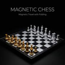金银磁性折叠国际象棋套装，便携式策略游戏，配有磁性棋子，适合青少年、成人、家庭游戏之夜、露营和旅行。 - 彩色 - View 2