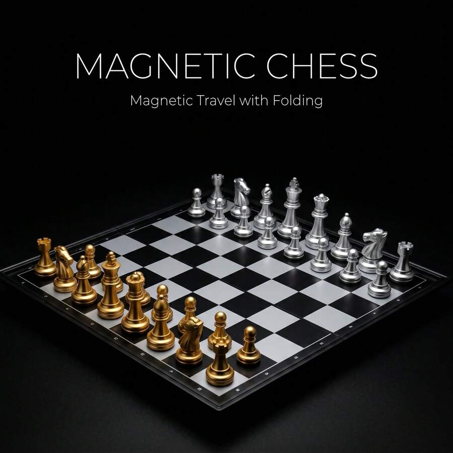 金银磁性折叠国际象棋套装，便携式策略游戏，配有磁性棋子，适合青少年、成人、家庭游戏之夜、露营和旅行。
