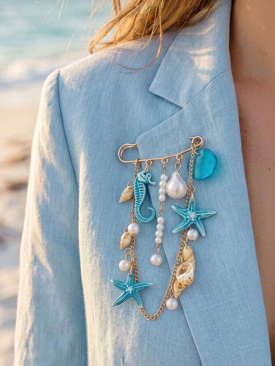 1pc Bohemian Ocean Vacation Style Brooch, Ocean Creature Acrylic Seahorse & Starfish Pendant With Faux Pearl And Shell Charm, Multi-Purpose Pin Brooch For Women - Multicolor - View 1