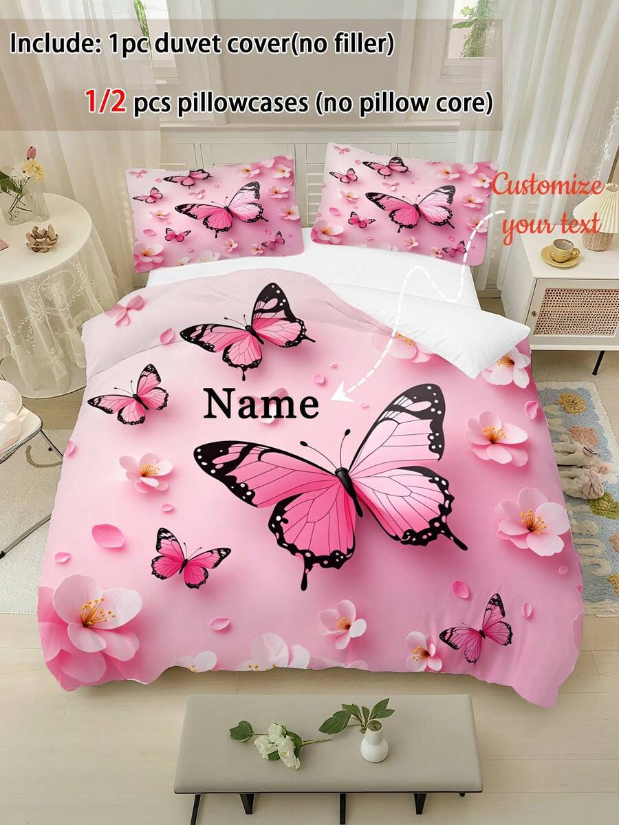 2/3pcs Customizable Name Pink Butterfly Print Children's Duvet Cover, Sweet Girl Style Polyester Material, Breathable And Easy To Wash, Suitable For Girls' Bedroom, Princess Style Room, All-Season Exclusive Bedding - Multicolor - View 1