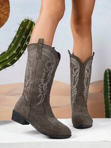 2026 European And American Retro Solid Color Western Style Fabric Embroidered Western Boots Knight Boots Outdoor Festival Fashion Women's Shoes - Coffee Brown - View 5