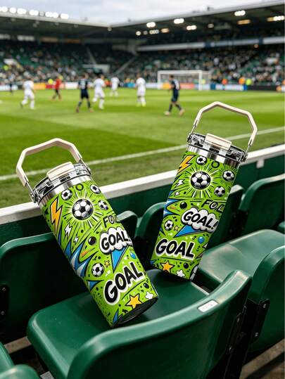 1pc/5pcs 30oz Football Theme Double-Wall Stainless Steel Vacuum Insulated Tumbler, Printed With Football And "GOAL!" Pattern, Keeps Cold And Hot. Comes With Leak-Proof Lid, Straw And Portable Handle. Suitable For Coffee, Tea, Water And Iced Drinks, Perfect For Home, Office, School, Car, Gym, Travel And Outdoor Sports. Cool And Practical Gift For Birthdays, Holidays, Father's Day, Sports Theme Occasions, Back To School Season.