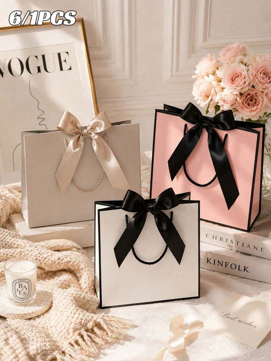 6/1pc Party Gift Bags With Ribbon, Portable Paper Gift Bags, Birthday Gift Bags, Wedding Party Gift Bags, Suitable For Wedding Bridesmaid Gifts, Party Gift Bags - Multicolor - View 1