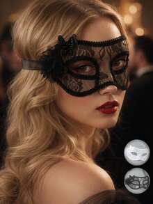 1pc Women's Black & White Party Sexy Vintage Masquerade Performance Mask, Semi-Transparent Floral Pattern Half Face Mask With Tie, Eye Mask, All Season - Multicolor - View 1