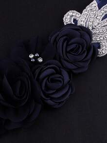 1pc Romantic Fabric Flower Handmade Rhinestone Bridal Waist Belt Wedding Dress Decoration Maternity Photo Accessory - Navy Blue - View 2