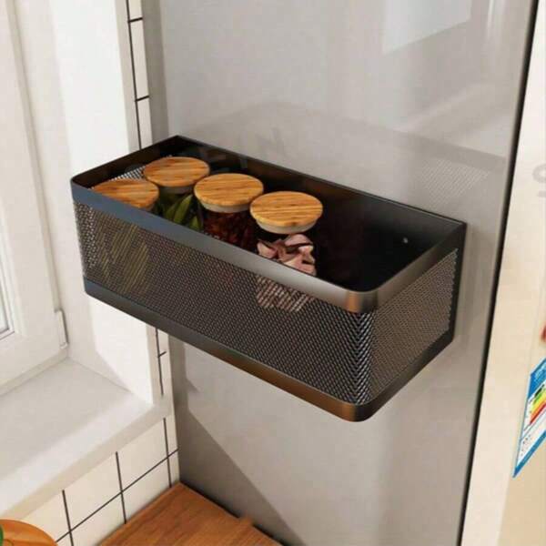 1 pieza, Estante de almacenamiento de cocina, Estante de almacenamiento con absorción magnética lateral de refrigerador, Cesta colgante magnética para huecos de tablero perforado, Estante para especias, Cocina, Almacenamiento, Estante de almacenamiento de cocina, Utensilios de cocina, Accesorios de cocina, Organización y almacenamiento de cocina, Cesta